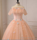 Pink Ball Gowns Off Shoulder Tulle Sweet 16 Dress with Flowers, Pink Formal Dress