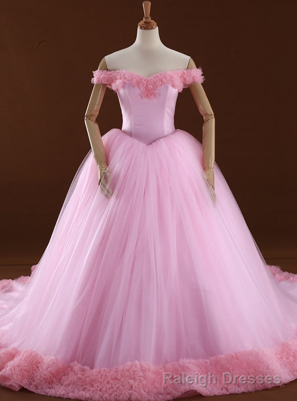 Pink Ball Gown Off The Shoulder Backless Tulle Wedding Dress Main image