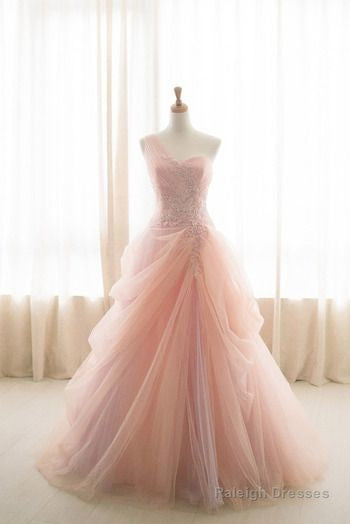 Pink Ball Gowns One Shoulder Tulle Appliques Wedding Dresses Prom Dresses Main image