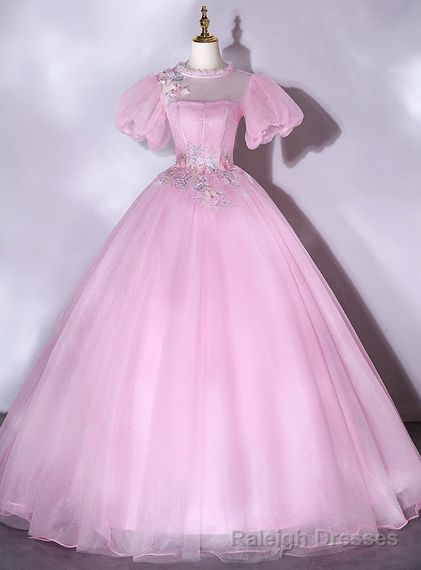 Pink Ball Gowns Puff Sleeve Backless Appliques Quinceanera Dress