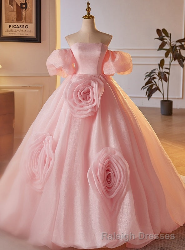 Pink Ball Gowns Puff Sleeve Flower Prom Dress