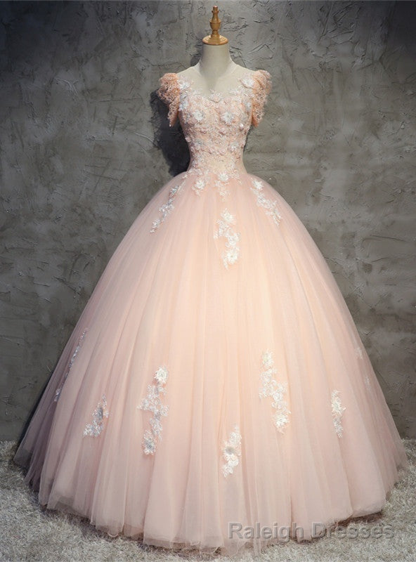 Pink Ball Gown Scoop Tulle Appliques Quinceanera Dress Main image