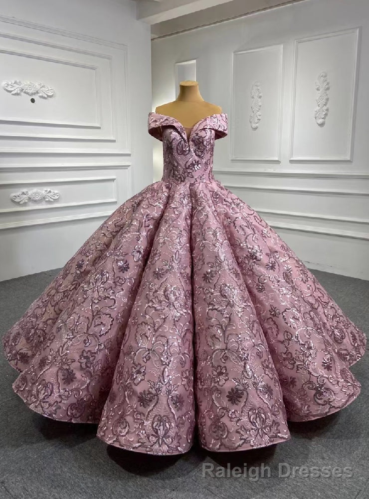 Pink Ball Gowns Sequins Appliques Luxury Prom Dress