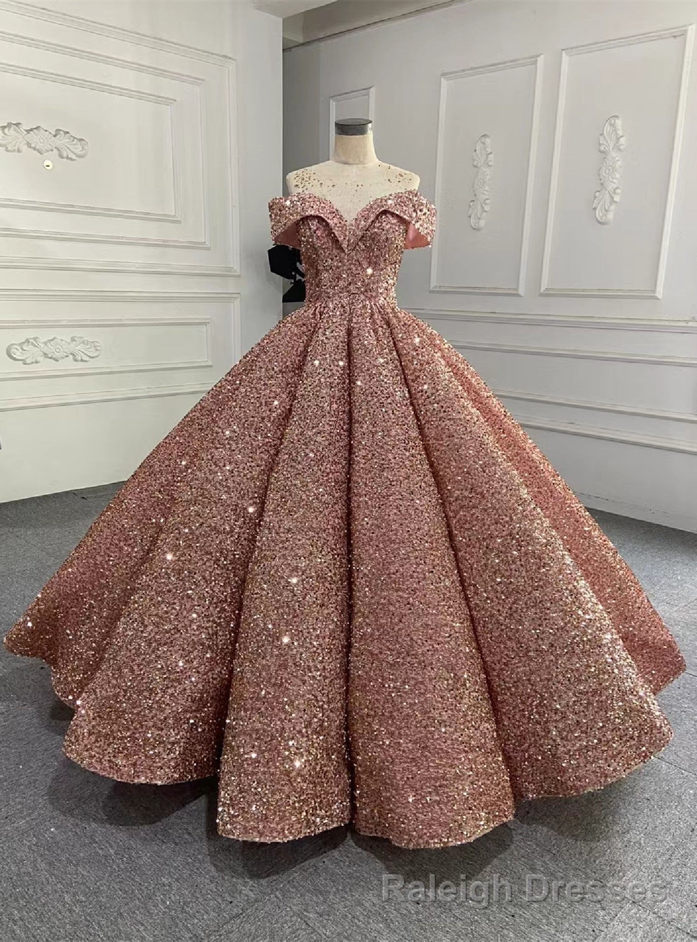Pink Ball Gown Sequins Off the Shoulder Prom Dress Main image