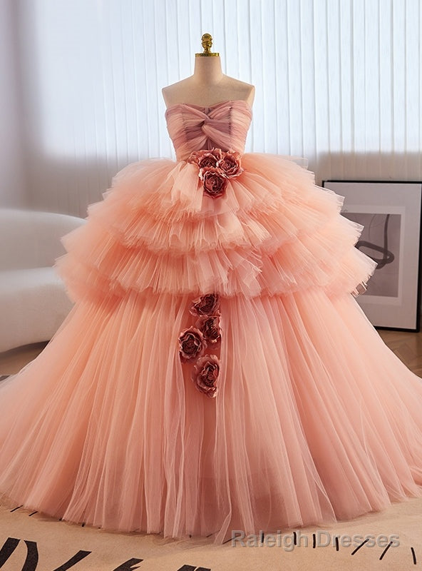 Pink Ball Gown Strapless Pleats Flower Prom Dress Main image