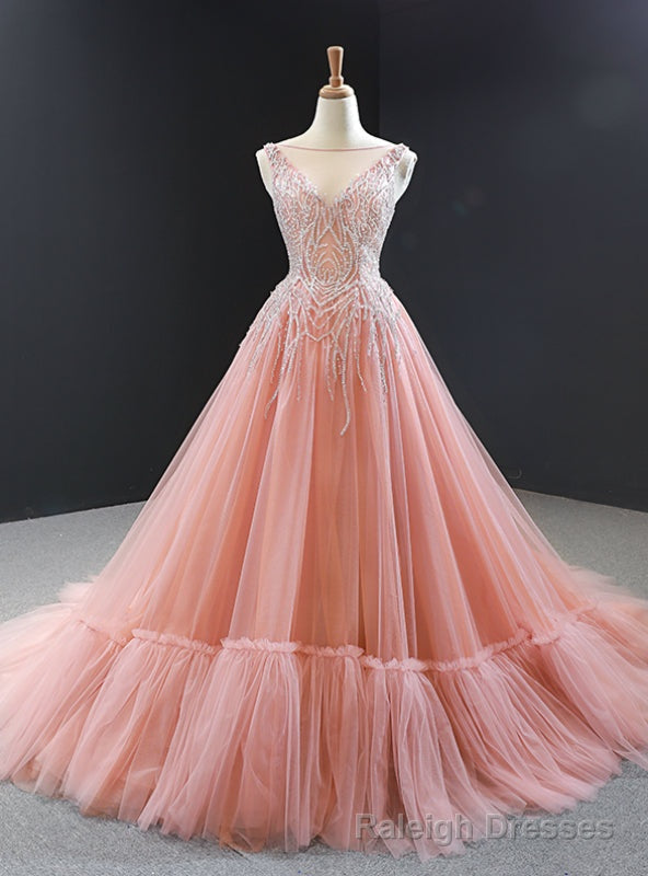 Pink Ball Gowns Tulle Beading Backless Long Prom Dress