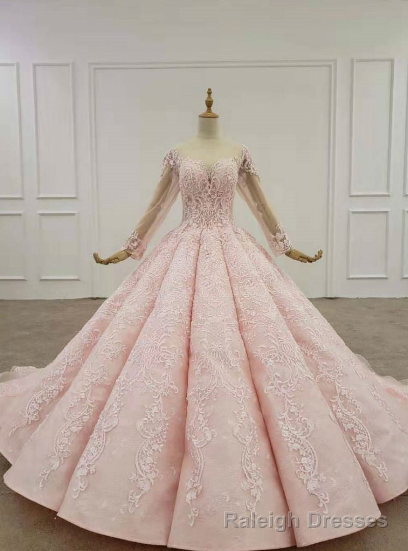 Pink Ball Gowns Tulle Lace Appliques Long Sleeve Beading Wedding Dress Main image