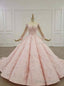 Pink Ball Gowns Tulle Lace Appliques Long Sleeve Beading Wedding Dress