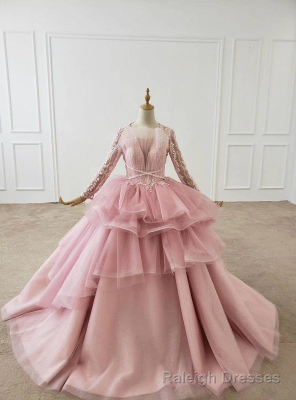 Pink Ball Gown Tulle Long Sleeve Beading Wedding Dress Main image