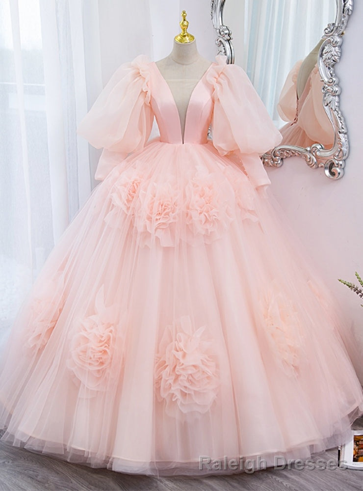 Pink Ball Gowns Tulle Long Sleeve Puff Quinceanera Dress