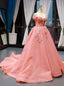 Pink Ball Gowns Tulle Off the Shoulder Appliques Prom Dress With Train