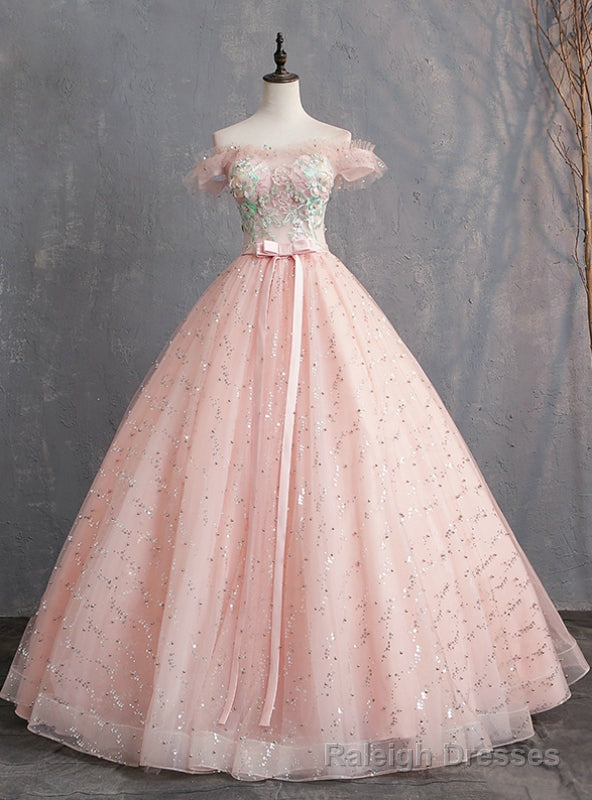Pink Ball Gowns Tulle Off the Shoulder Appliques Quinceanera Dresses Main image