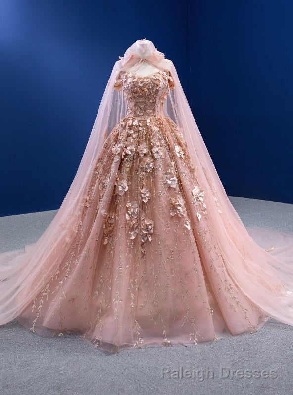 Pink Ball Gowns Tulle Sequins 3D Appliques Prom Dress With Shawl Main image