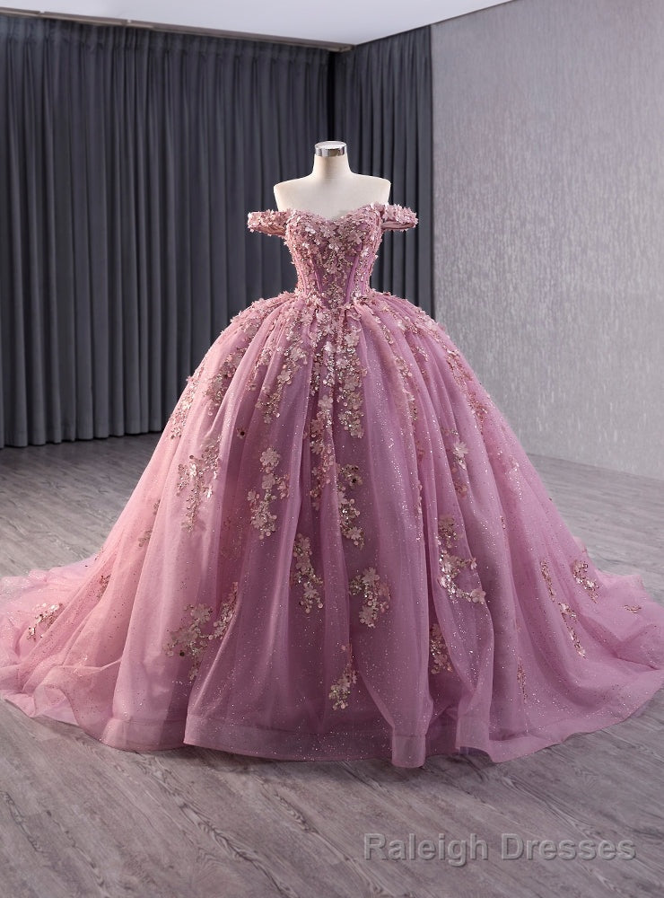 Pink Ball Gown Tulle Sequins Flower Prom Dress Main image