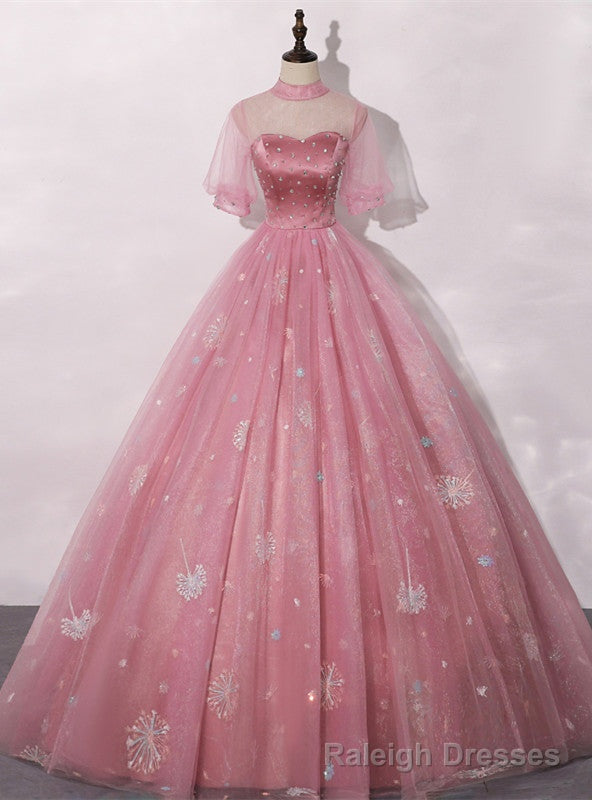 Pink Ball Gowns Tulle Short Sleeve Beading Quinceanera Dress