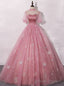 Pink Ball Gowns Tulle Short Sleeve Beading Quinceanera Dress
