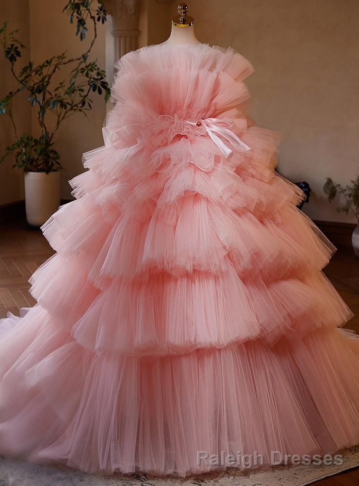 Pink Ball Gowns Tulle Strapless Tiers Quinceanera Dress