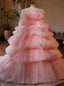 Pink Ball Gowns Tulle Strapless Tiers Quinceanera Dress