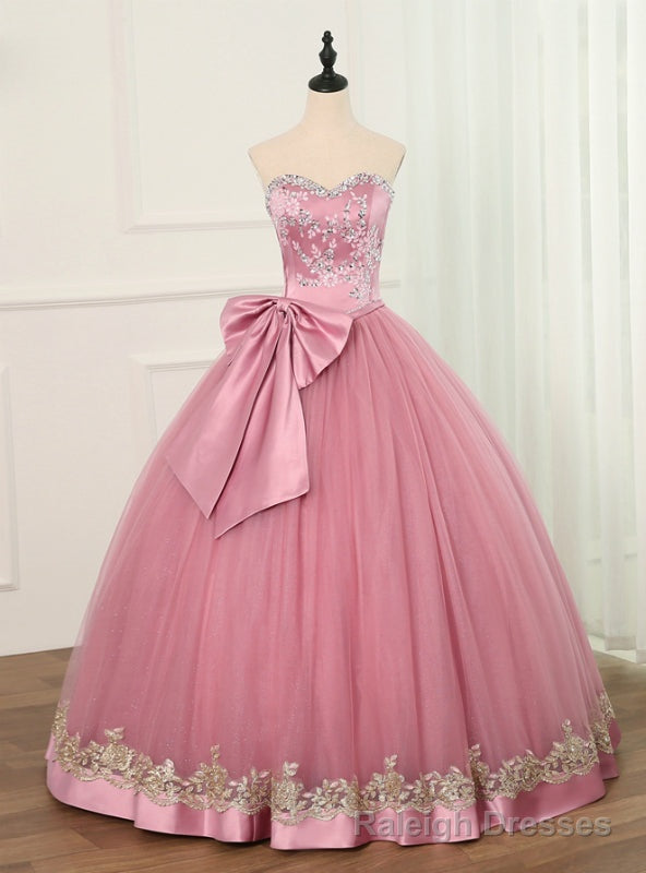 Pink Ball Gowns Tulle Sweetheart Bow Appliques Quinceanera Dresses