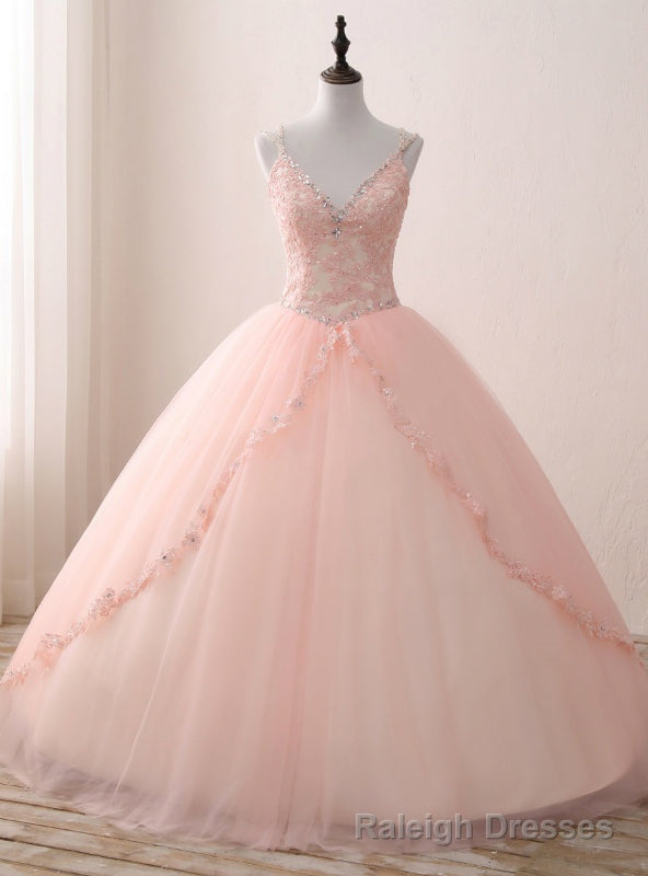 Pink Ball Gown Tulle V-neck Double Straps Appliques Quinceanera Dresses Main image