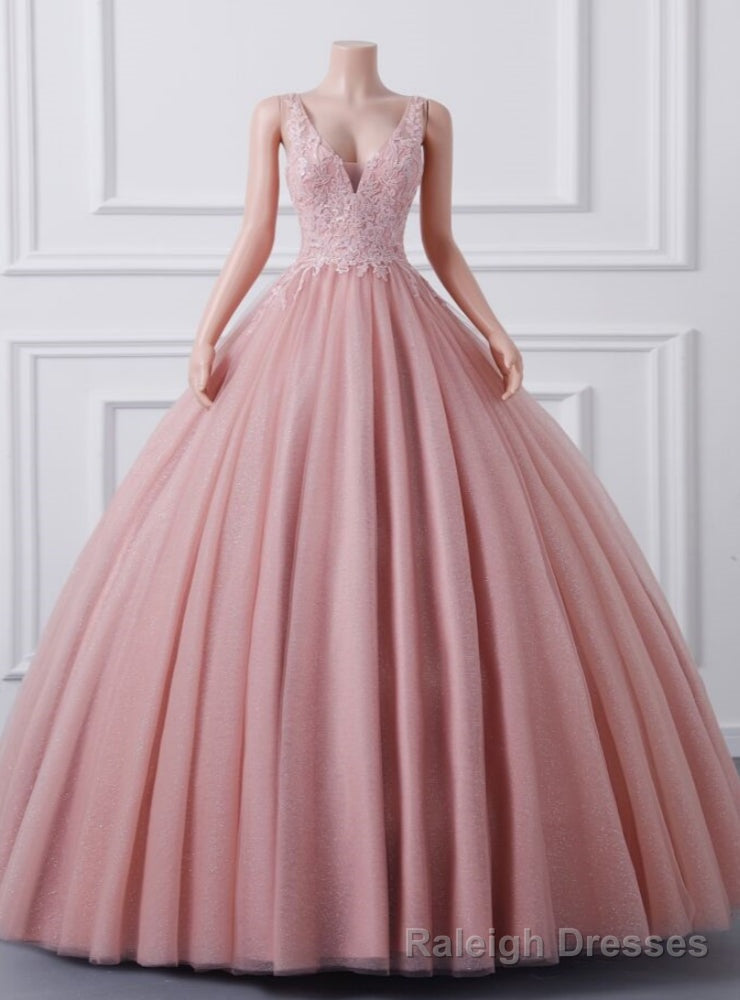 Pink Ball Gowns V Neck Sequins Quinceanera Dress