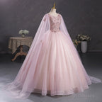 Pink Ball Gown V-Neckline Floral Lace Sweet 16 Dress, Pink Ball Gown Prom Dress