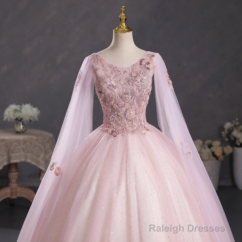 Pink Ball Gown V-Neckline Floral Lace Sweet 16 Dress, Pink Ball Gown Prom Dress