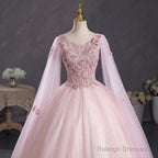 Pink Ball Gowns V-Neckline Floral Lace Sweet 16 Dresses Pink Ball Gowns Prom Dresses