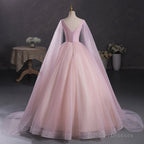Pink Ball Gown V-Neckline Floral Lace Sweet 16 Dress, Pink Ball Gown Prom Dress