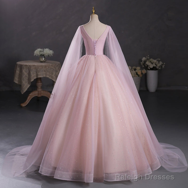Pink Ball Gowns V-Neckline Floral Lace Sweet 16 Dresses Pink Ball Gowns Prom Dresses