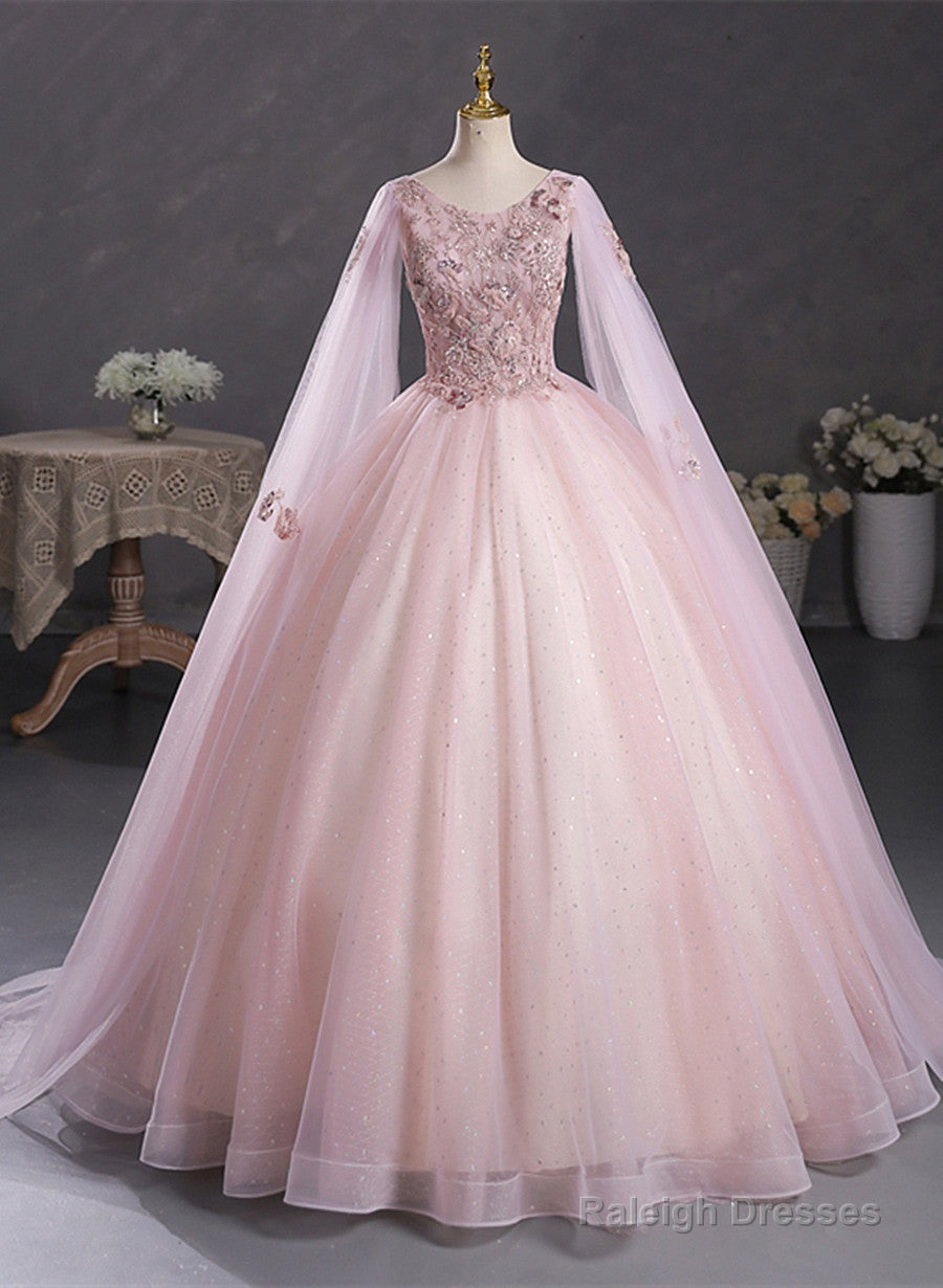 Pink Ball Gown V-Neckline Floral Lace Sweet 16 Dress, Pink Ball Gown Prom Dress Main image