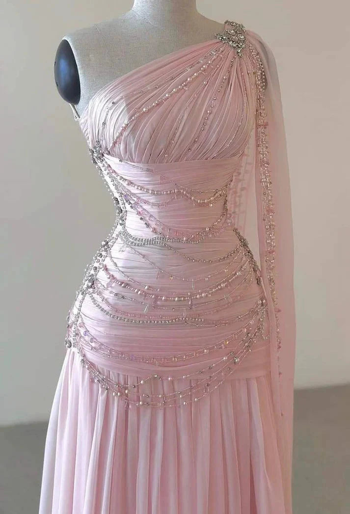 Pink Beaded Elegant Floor-Mounting Maxi Dress Long Tulle Prom Dress Evening Dress