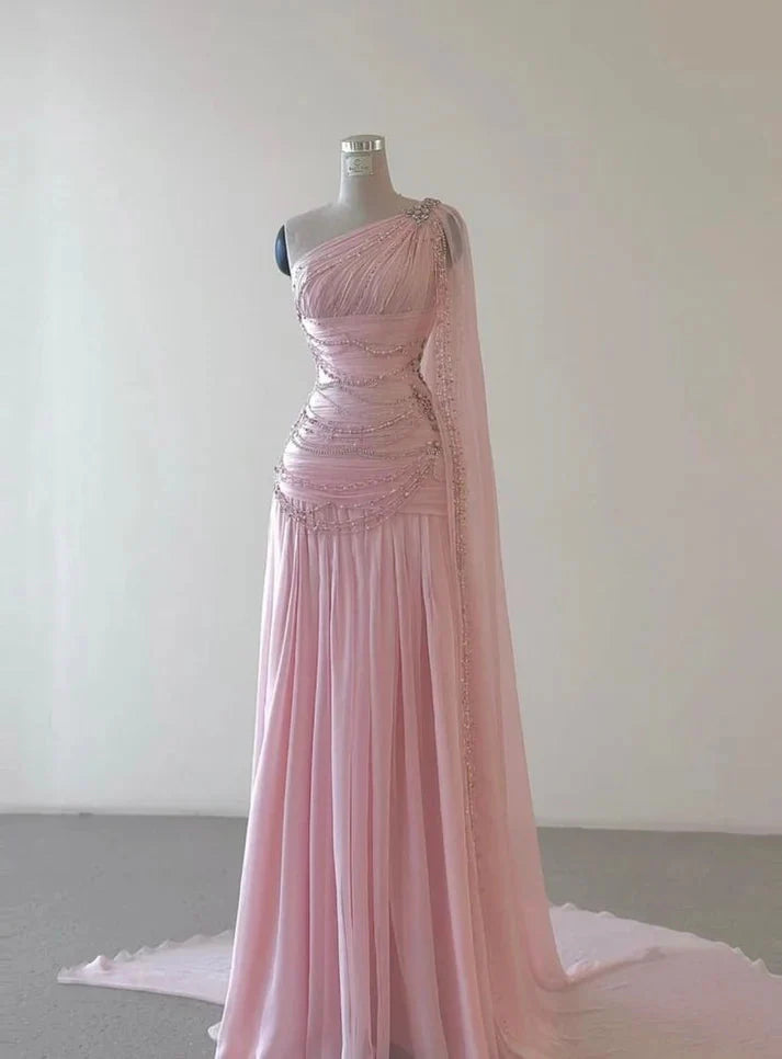 Pink Beaded Elegant Floor-Mounting Maxi Dress Long Tulle Prom Dress Evening Dress