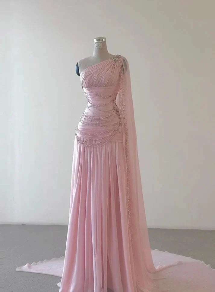Pink Beaded Elegant Floor-Mounting Maxi Dress Long Tulle Prom Dress Evening Dress