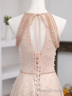Pink Beaded Tulle Halter Long Formal Dress Prom Dress, Pink Long A Line Prom Dress