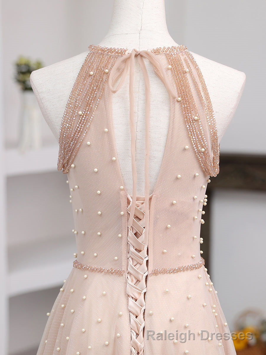Pink Beaded Tulle Halter Long Formal Dress Prom Dress, Pink Long A Line Prom Dress