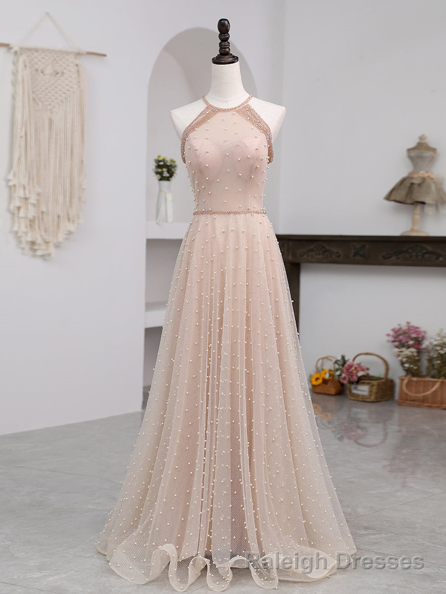 Pink Beaded Tulle Halter Long Formal Dress Evening Dress, Pink Long A-line Party Dress Secondary image