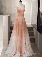 Pink Beaded Tulle Prom Dress, Straps Gradient Prom Dresses