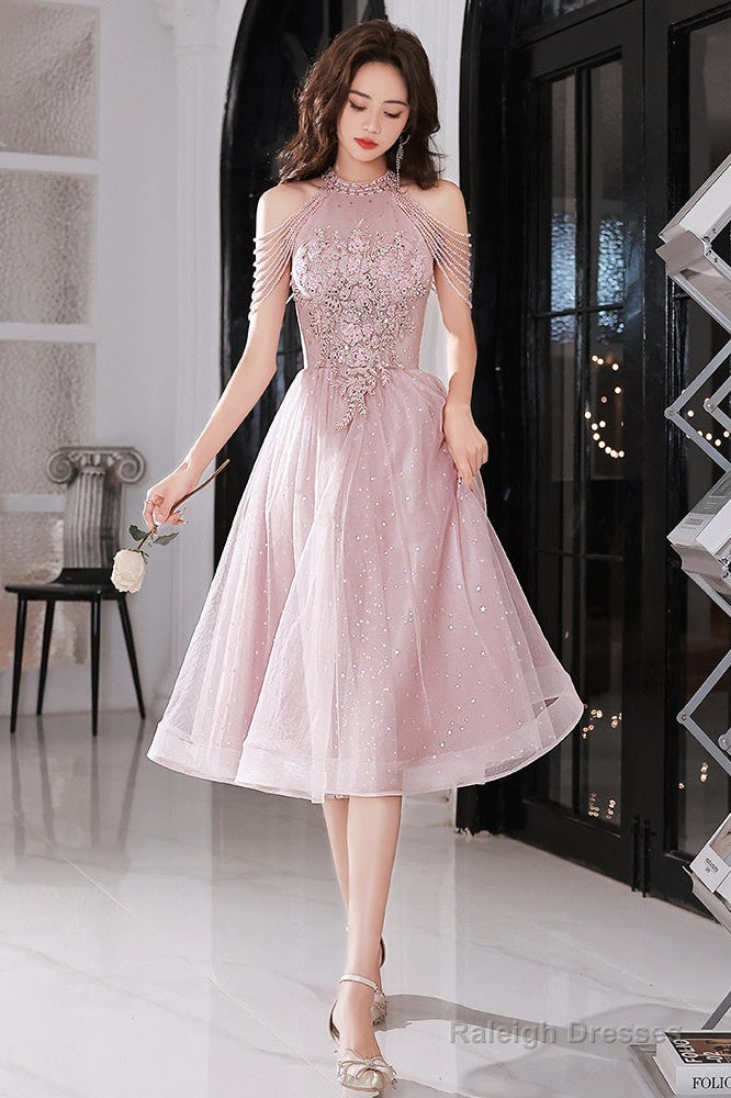 Pink Beaded Tulle Short Homecoming Dress, Pink Prom Dress Party Dress Secondary image