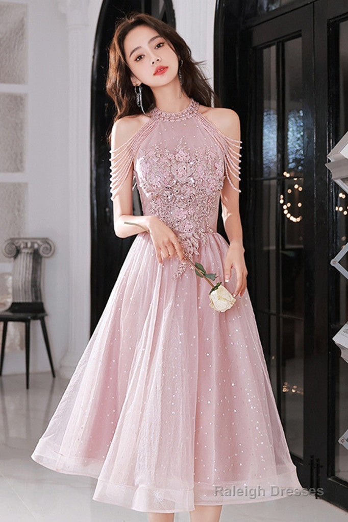 Pink Beaded Tulle Short Homecoming Dresses Pink Prom Dresseses Main image