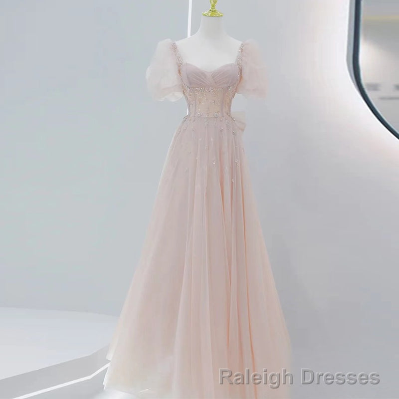 Pink Beaded Tulle Short Sleeves Long Prom Dress, Pink Sweet 16 Dresses