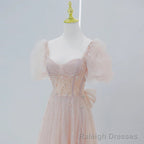 Pink Beaded Tulle Short Sleeves Long Prom Dress, Pink Sweet 16 Dresses