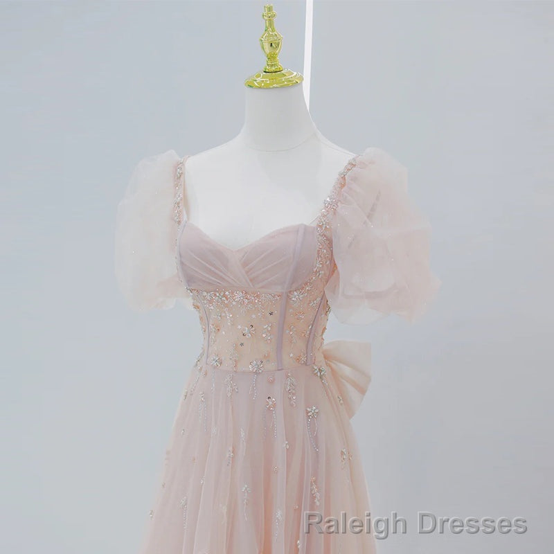 Pink Beaded Tulle Short Sleeves Long Prom Dress, Pink Sweet 16 Dresses