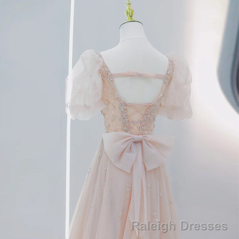 Pink Beaded Tulle Short Sleeves Long Prom Dress, Pink Sweet 16 Dresses