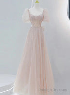 Pink Beaded Tulle Short Sleeves Long Prom Dress, Pink Sweet 16 Dresses