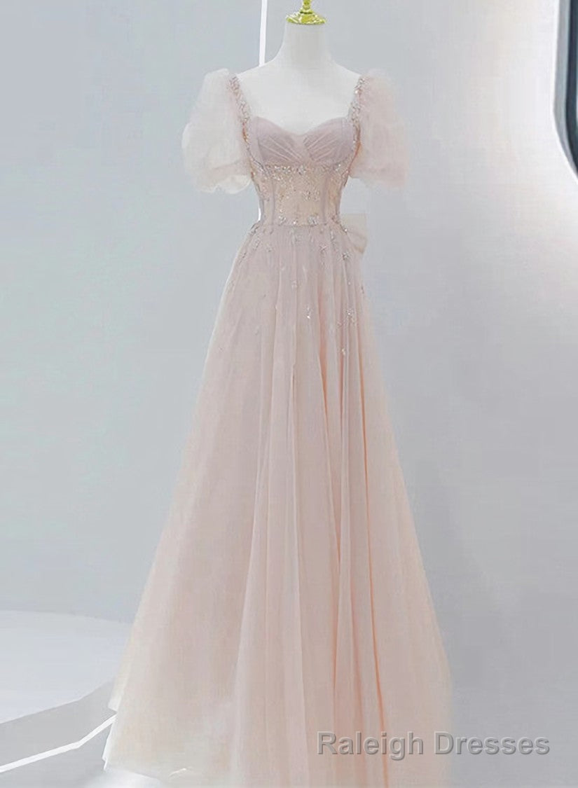 Pink Beaded Tulle Short Sleeves Long Prom Dress, Pink Sweet 16 Dresses