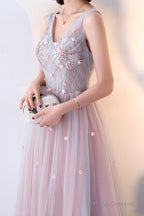 Pink Beaded V-Neckline Tulle Long Prom Dress Pink Prom Dress Prom Dress