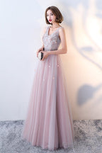 Pink Beaded V-Neckline Tulle Long Prom Dress Pink Prom Dress Prom Dress