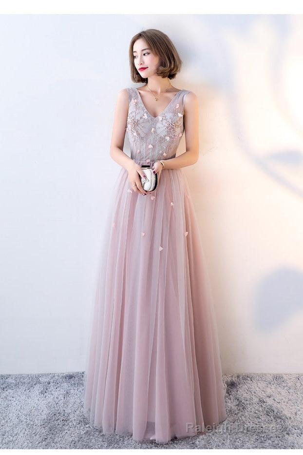 Pink Beaded V-Neckline Tulle Long Party Dresses, Pink Formal Dresses Evening Dresses