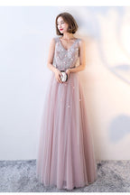 Pink Beaded V-Neckline Tulle Long Prom Dress Pink Prom Dress Prom Dress